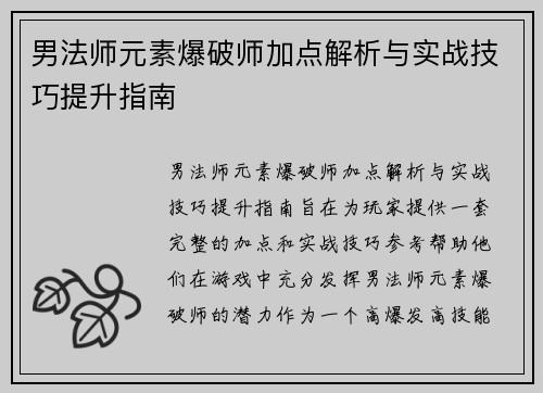 男法师元素爆破师加点解析与实战技巧提升指南
